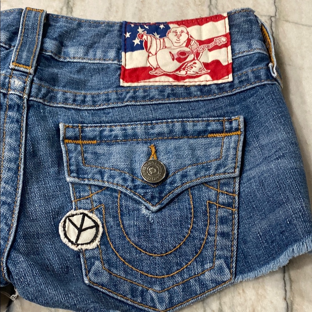 True Religion Cutoff Women's Shorts with Patch Details - Blue - Picture 4 of 10